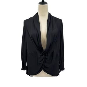 Current Air Black Satin Twisted Plunging Neck Hi Low Long Smocked Sleeve Blouse